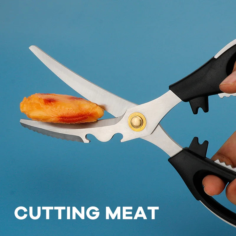 Multi-Functional Stainless Steel BBQ Scissors Long-Blade Meat Cutting Shears for Home Outdoor Non-Removable Household Kitchen