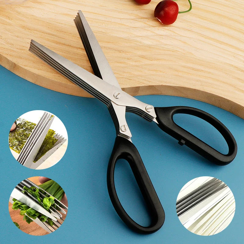 5-Layer Stainless Steel Herb Scissors with PP Handle Heavy Duty Kitchen Cutter for Scallion Spices & Vegetables