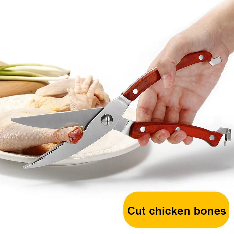 Durable Stainless Steel Poultry Shears with Colored Wood Handle High Quality Heavy Duty Kitchen Meat Scissors