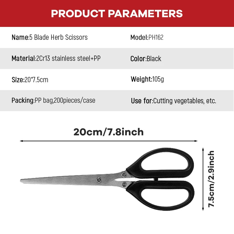 5-Layer Stainless Steel Herb Scissors with PP Handle Heavy Duty Kitchen Cutter for Scallion Spices & Vegetables