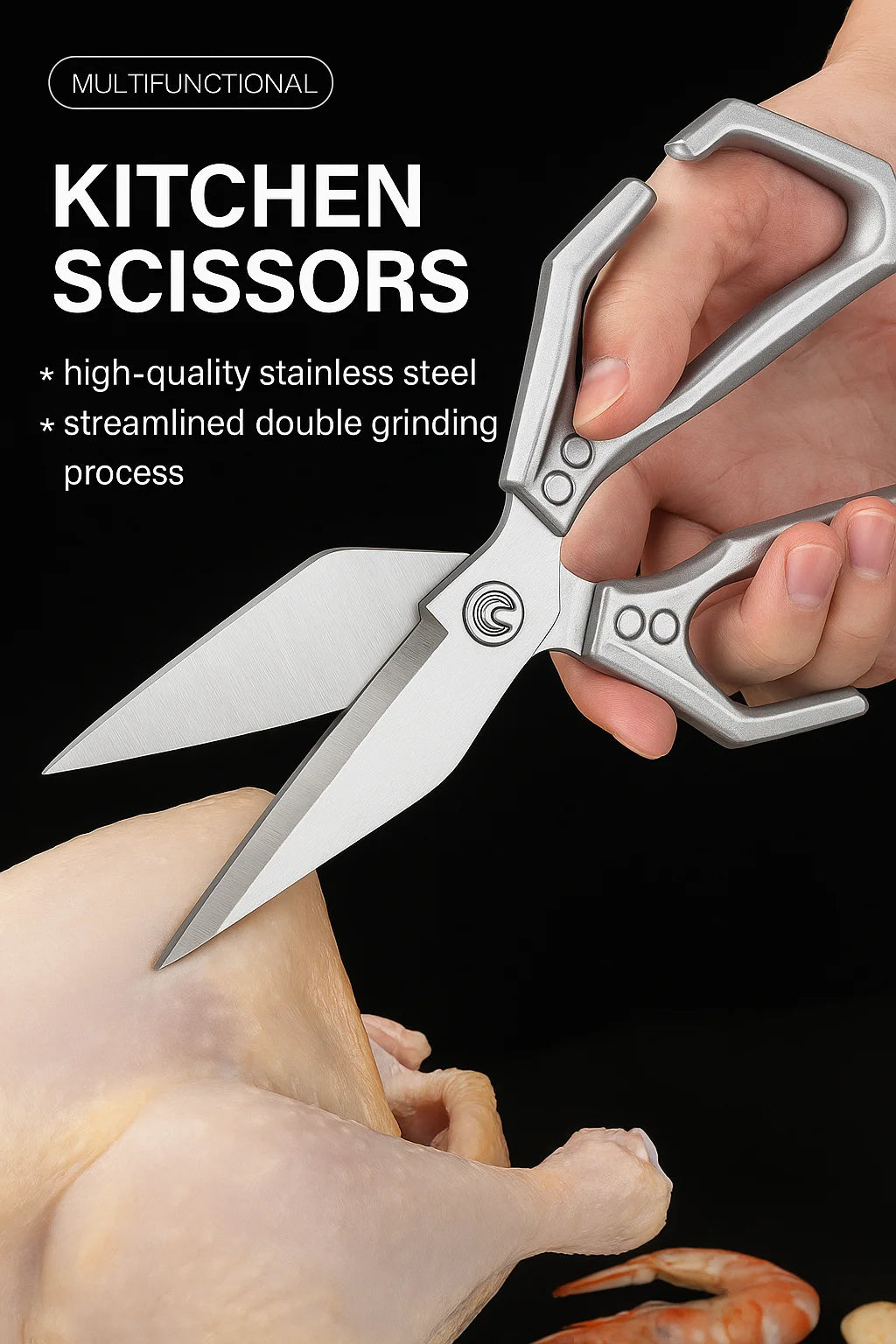 Multi-Purpose Heavy Duty 3Cr14 Stainless Steel Kitchen Utility Scissors with Aluminum Alloy Handles for Meat and Chicken Cutting