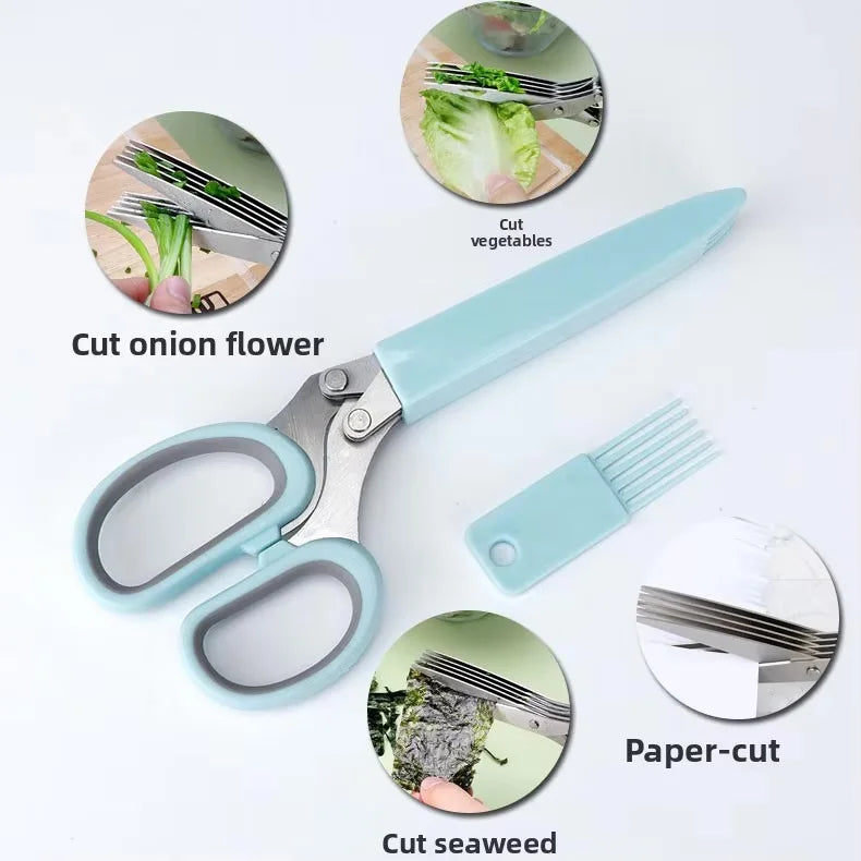 Multi-functional Kitchen Scissors Heavy Duty Five-Layers Stainless Steel Blades Plastic Handle for Scallion Food Preparation