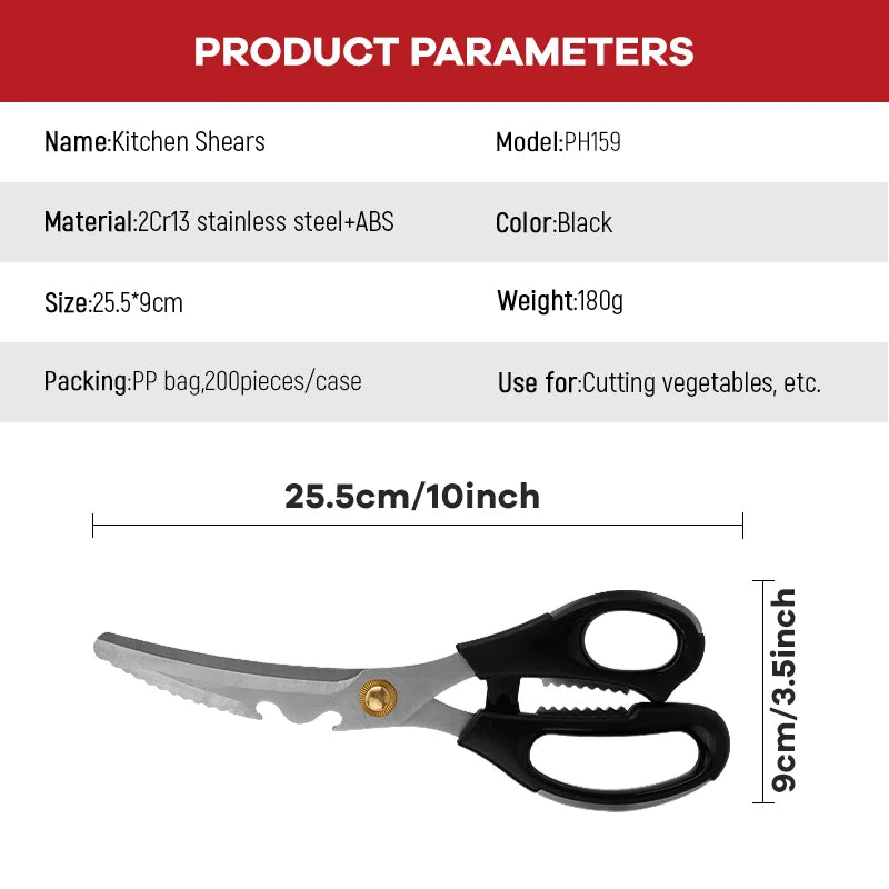 Multi-Functional Stainless Steel BBQ Scissors Long-Blade Meat Cutting Shears for Home Outdoor Non-Removable Household Kitchen