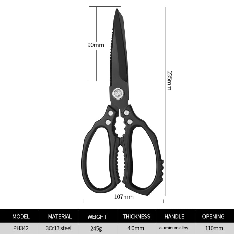 Aluminum Alloy Handle Heavy Duty Multi-Functional Eco-Friendly Kitchen Scissors 3.5mm Thick 9.5cm Blade Ultra Sharp Dishwasher