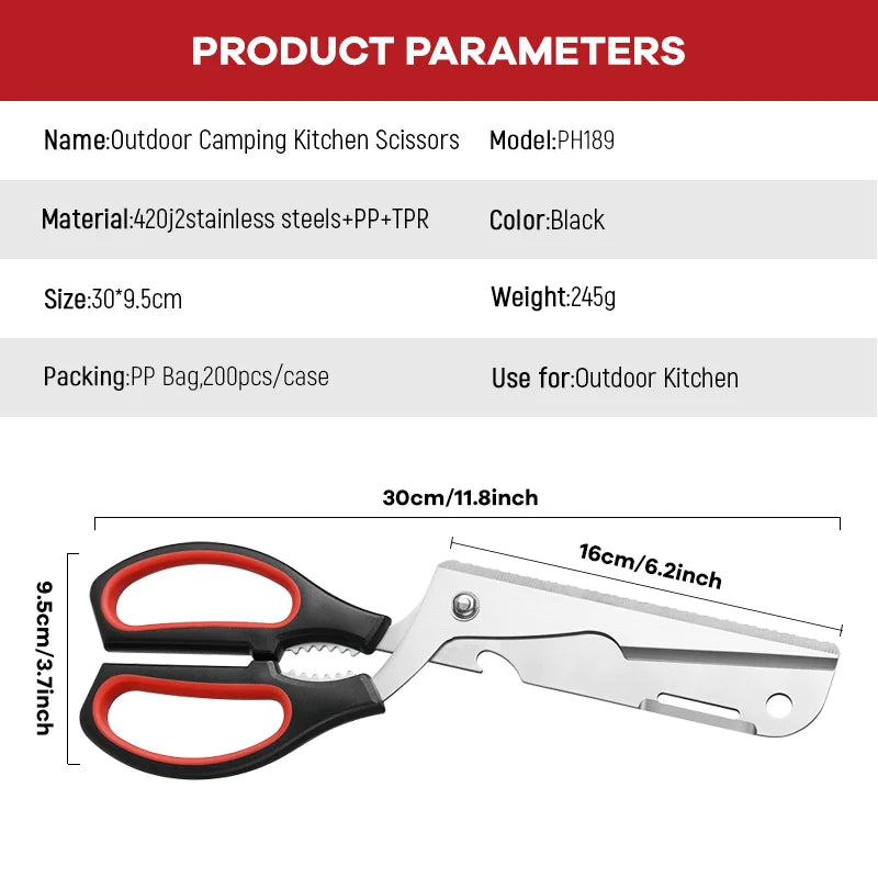 Stainless Steel 11.8-Inch Long Multifunctional BBQ Scissors Outdoor Camping Detachable Kitchen Shears Heavy Duty