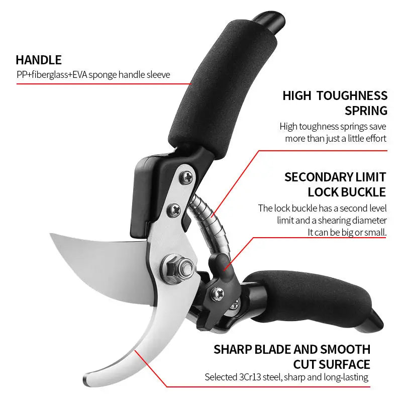 Garden Hand Tools 3Cr13 Stainless Steel DIY Industrial Grade Bypass Pruning Shears with Anti-Slip Grip