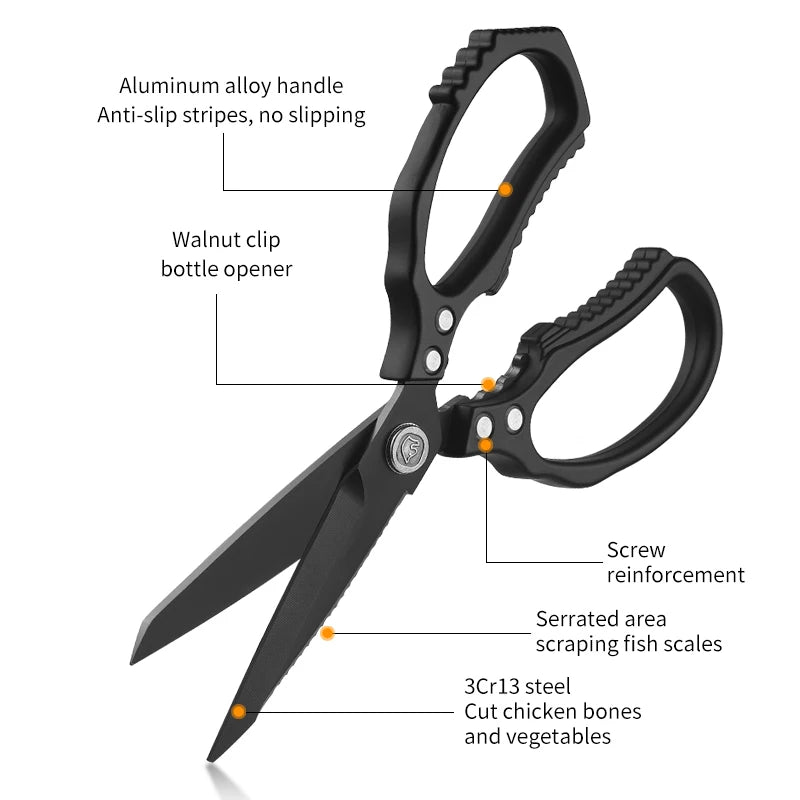 Aluminum Alloy Handle Heavy Duty Multi-Functional Eco-Friendly Kitchen Scissors 3.5mm Thick 9.5cm Blade Ultra Sharp Dishwasher